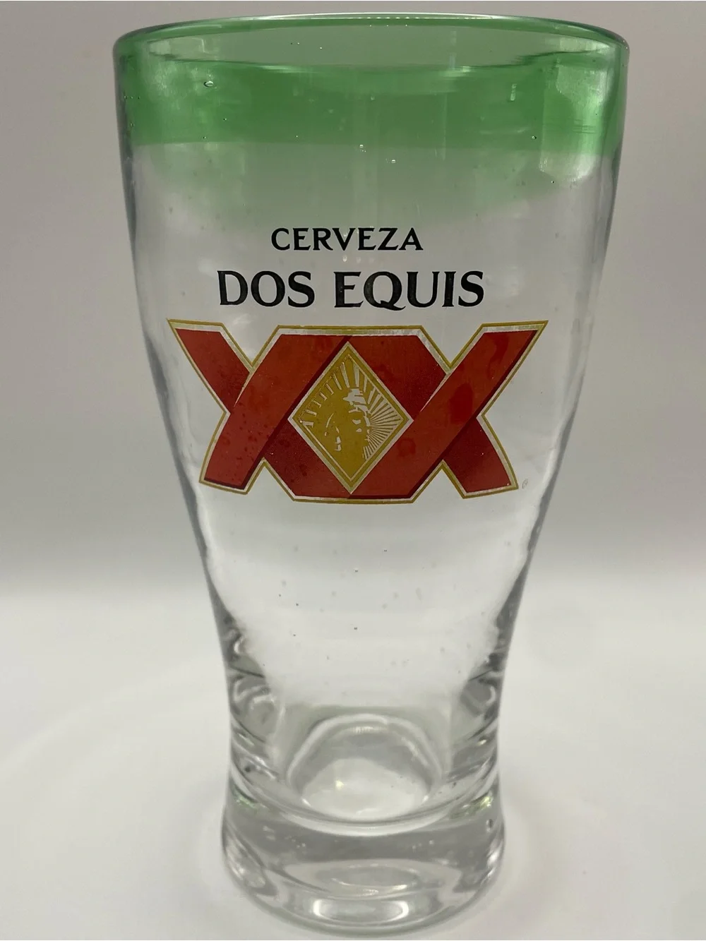 Dos Equis XX Cerveza Beer Pint Glass Green Rim Clear Handmade